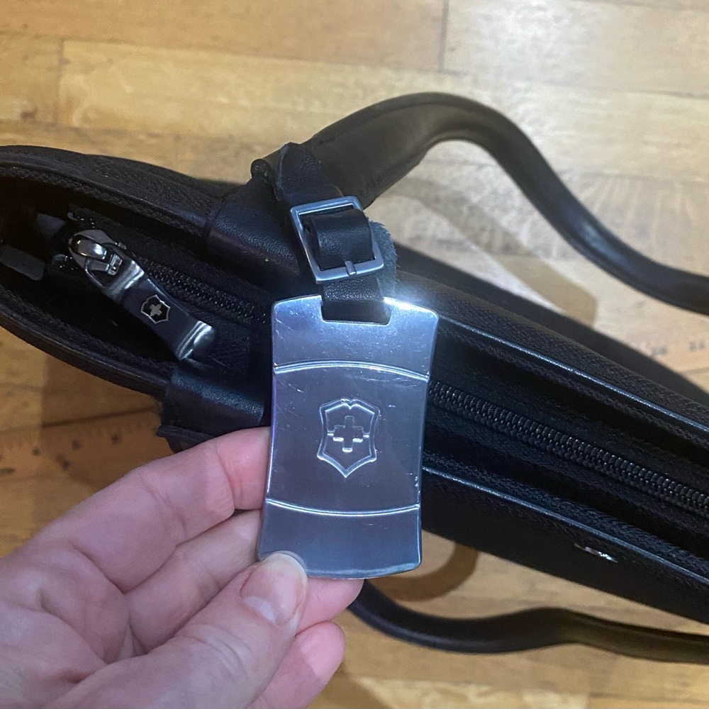Victorinox Black Tote Brushed Silver Hardware Leather Handle organizer tote